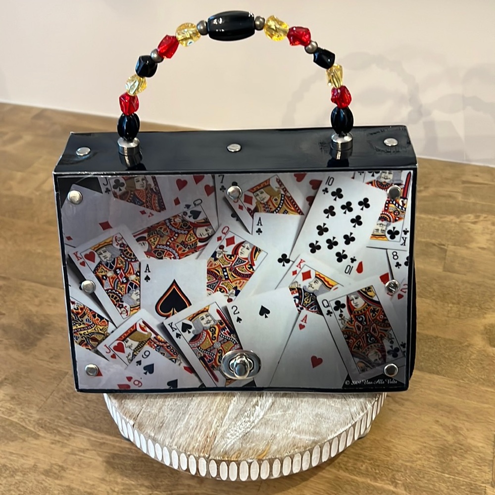 Cigar Box Styled Purse with Beaded Handle “Playing Cards” Themed